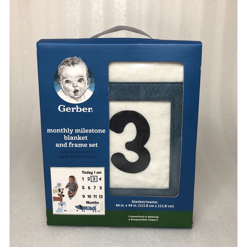 Gerber Baby Boy 2 Piece Monthly Milestone Blanket And Frame Set Blue Dogs NEW - Picture 2 of 10